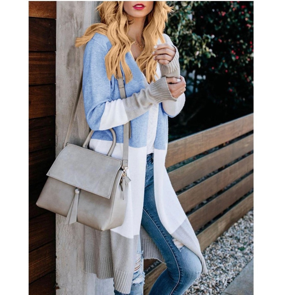 Women’s Boho Open Front Cardigan Colorblock Long Sleeve Loose Knit Lightweight
